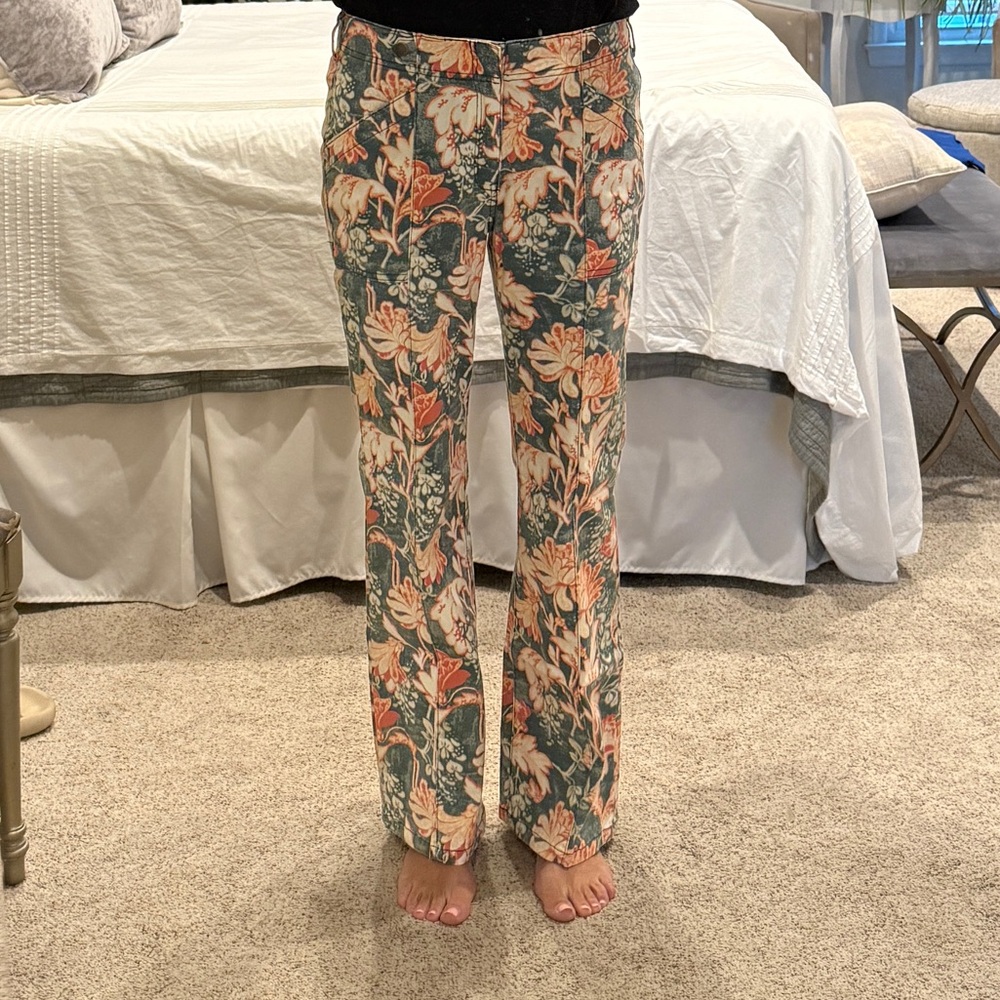 Anthropologie Floral Straight-Leg Pants in Teal & Coral - Picture 5 of 7